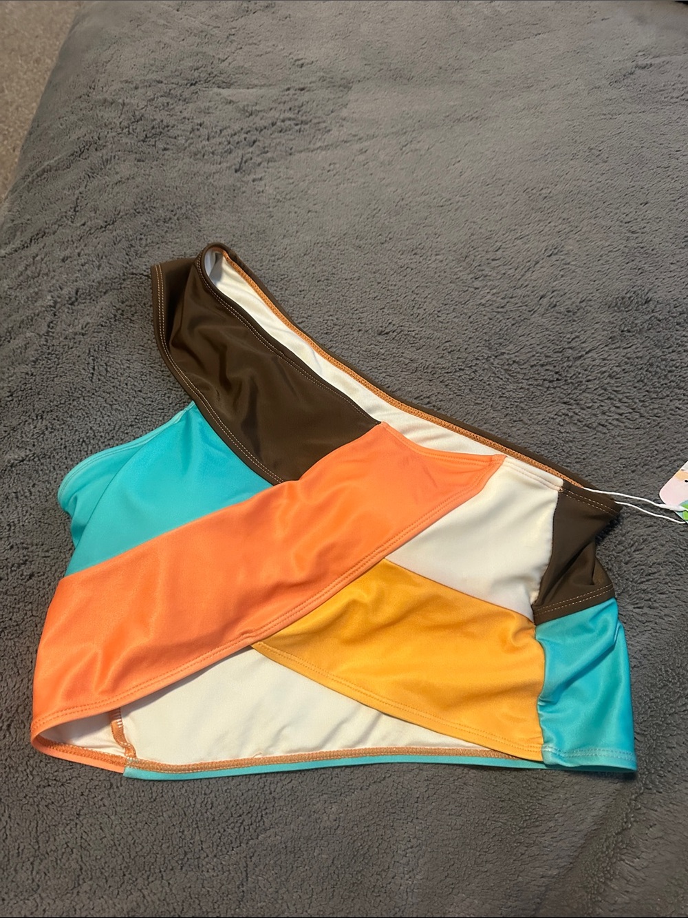 One-Shoulder Colorblock Bikini Top in Turquoise, Orange & Yellow